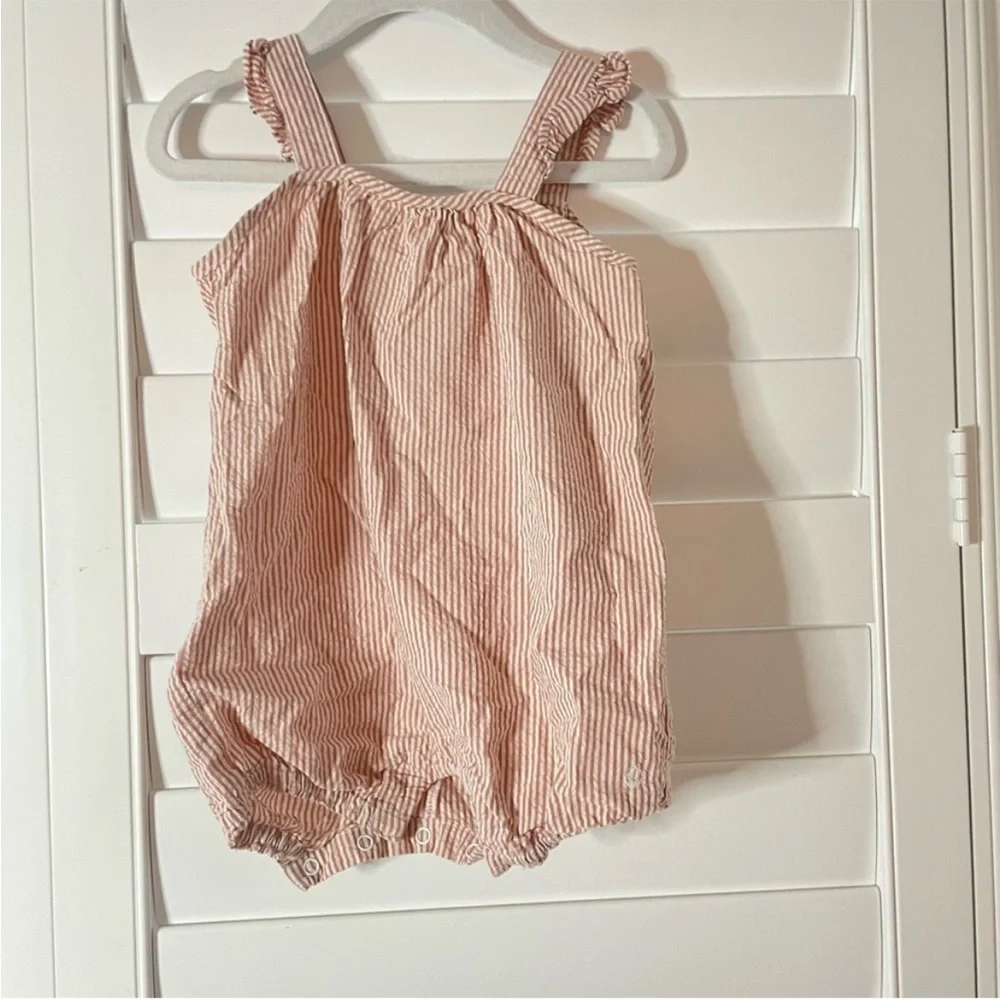 Petit Bateau Bubble Hem Seersucker Striped Romper Red White Size 6 months